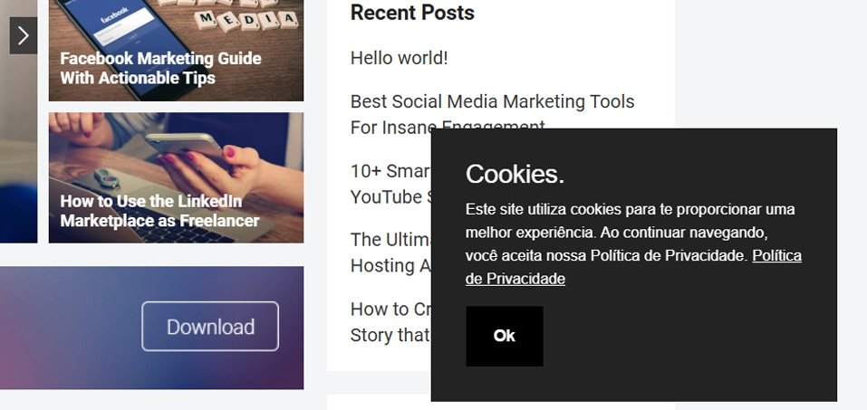 popap de cookies aparencendo